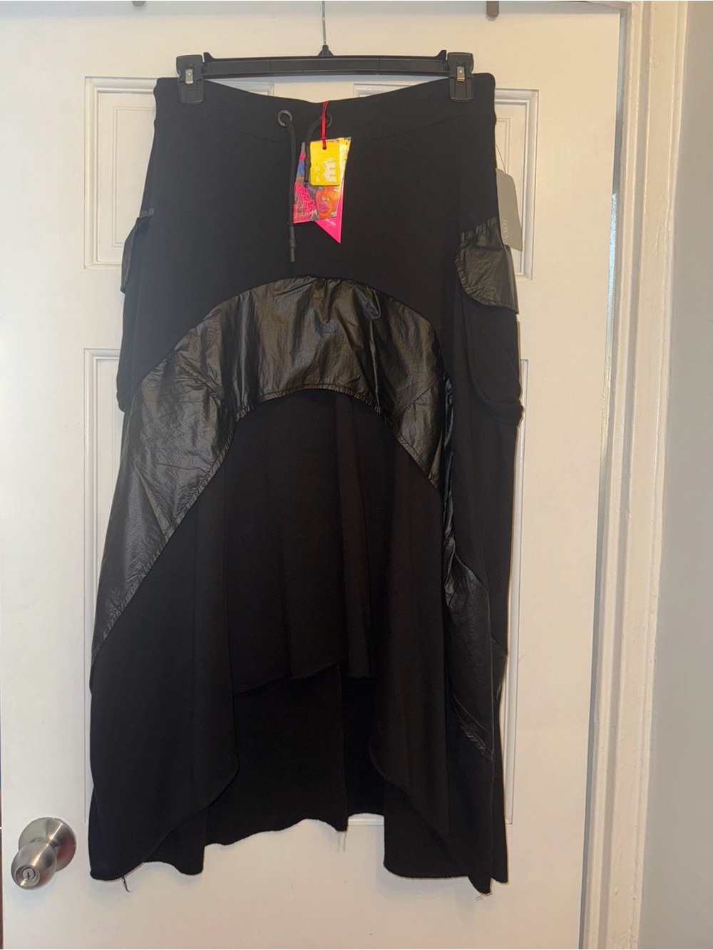 Black Asymmetrical High-Low Skirt with Faux-Leather Detail